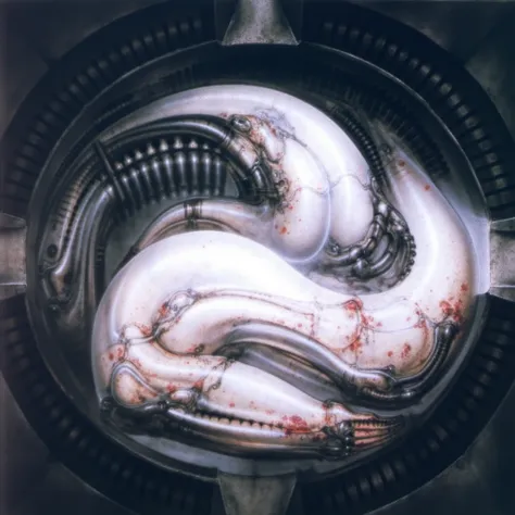 H. R. Gigers g1g3r, , Giger_style, H. R. Gigers g1g3r, , Giger_style, The image is a detailed view of H.R. Gigers " HRG NY CITY " plate, featuring ( HRGGR, The image is a detailed view of H.R. Gigers biomechanical tableau " LANDSCAPE No 312 " plate, featur...