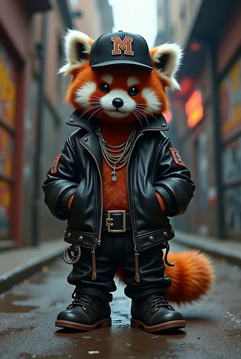 Red panda dressed as street thug with chains and snapbacks