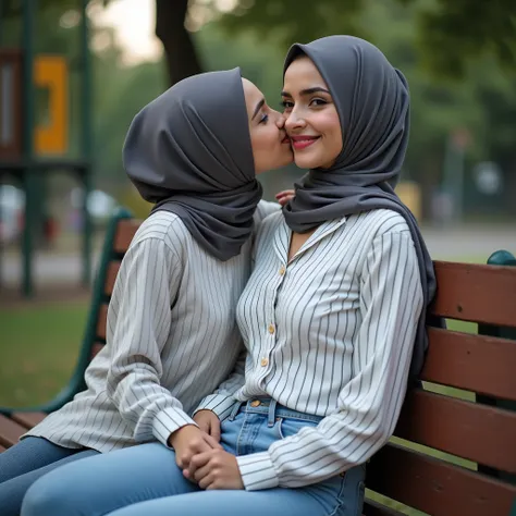 A beautiful 20-year-old woman, wearing a gray hijab, sexy body, she sits on a wooden bench sideways in a sweet style, in the background of the playground, the woman is with a  , the  is sitting in a row next to the woman, while kissing her chest, she is we...