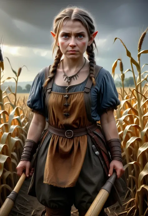 a female hobbit warrior in farmer dress, standing in a corn field, holding an axe, beautiful detailed eyes,beautiful detailed lips,extremely detailed eyes and face,longeyelashes,(best quality,4k,8k,highres,masterpiece:1.2),ultra-detailed,(realistic,photore...