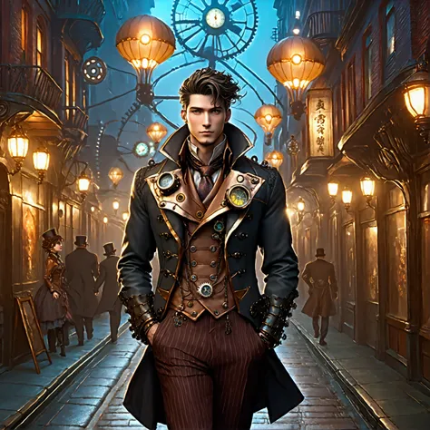 ((8k resolution, masterpiece, best quality)), A very handsome and sexy man walking down the street at night, steampunk style, ((ultra quality)), anime enhancement,  ultra detailed, ultra sharp, perfect colors, perfectly shaded, perfect lighting, very detai...