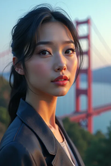 A beautiful Asian female reporter presenting video footage, physical recreation of mythical "rainbow bridge" as a magnificent bridge structure, breathtakingly beautiful and vivid colored overpass, exquisite and magnificent architecture, detailed facial fea...