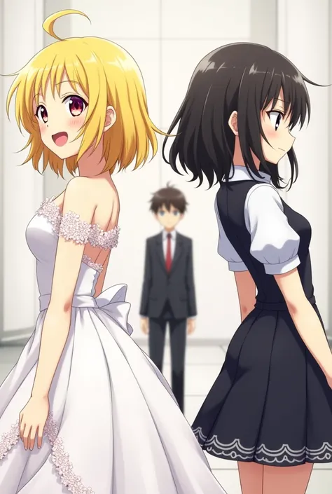 Two anime girls standing back to back.
One is wearing wedding dress, yellow shot hair,happy,a little taller.

Another one is with short curly bob black hair, sad, head down, formal dress.

A boy is confusing behind them.