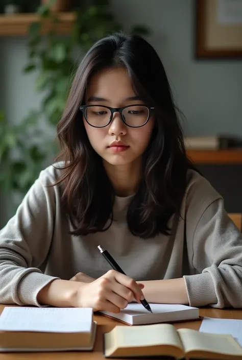 Creame una real photo de una señorita con lentes pelinegra
 estudiante de 18 años,  looking at her notebooks on her living room table , real photo, large and striking 