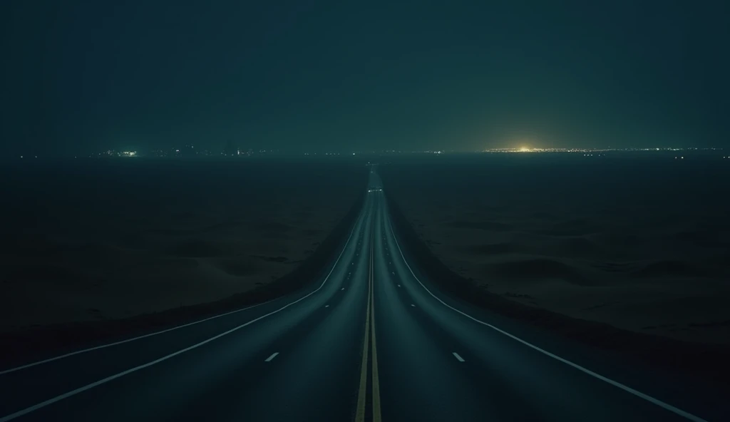 Description: A deserted highway in the middle of the Dubai desert at night, the road illuminated by distant streetlights. In the background, the vast, empty dunes stretch into the dark horizon. The stillness of the desert reflects Sarahs emotional state as...