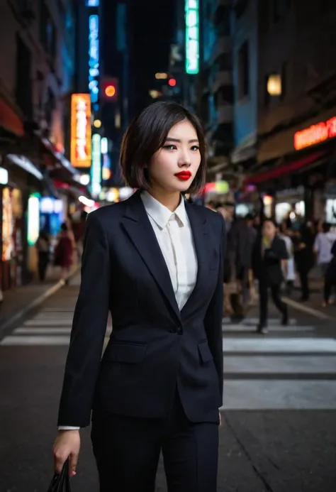 young Japanese woman, dressed in a business suit, bob hairstyle, red lipstick, walks through the city at night, neon light falls on her