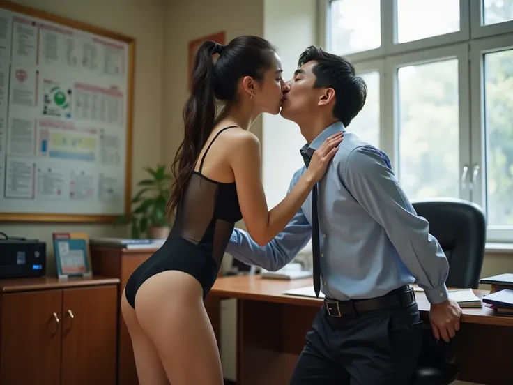 a Chinese female university student kissing a male professor in his office in order to get a good grade. the female university student is a freshman, around 18 years old, cute but somehow slutty, and loves to reveal her body. she wears sexy office lady clo...