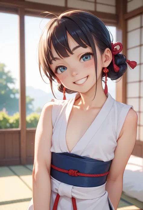  girl cosplayed as a samurai、 small breasts、 flat chest、 high school girl、smile、Idiot character 、美しい脚