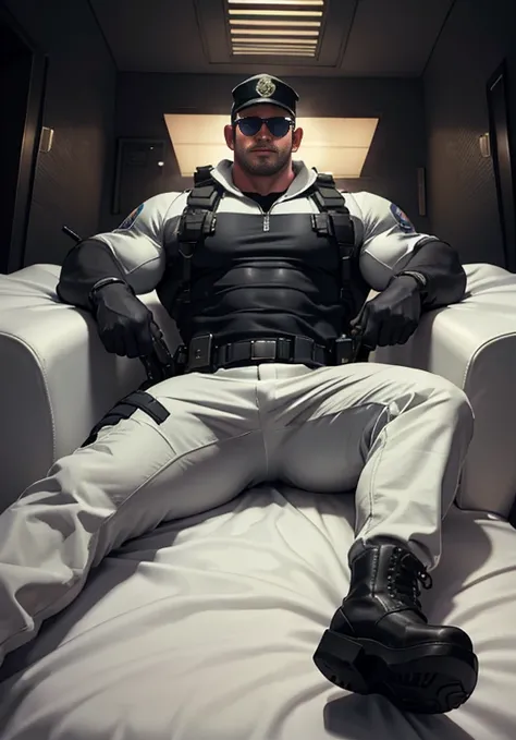 1 oficial de policía de high rango con uniforme policial gris claro,  His arms are long and thick ,  wearing sunglasses ,  lying on a large soft white bed with warm fluff ,  Wearing a police hat ,  muscle hero , buzz cut, high, strong,  muscular! Tall stro...