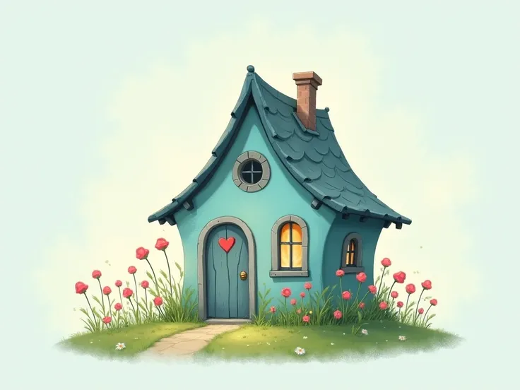 The image features a whimsical, charming house depicted in a soft, muted color palette. The house is painted in shades of blue and has a distinctive, slightly rustic appearance, characterized by a slanted roof and a door adorned with a red heart. To the le...