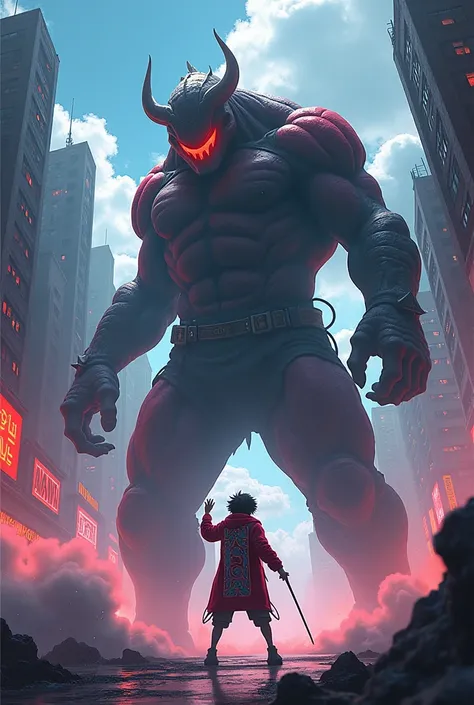 Hip-hop anime character fighting a huge monster