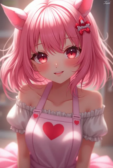 Pink-haired girl wearing a naked heart-eyed apron