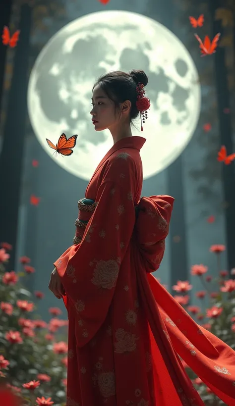  girl wearing a red kimono、20th Generation、 shortcuts,  big moon in the background like a poster、 mysterious in another dimension、butterfly、Symmetrical、The position of the face is facing the front 