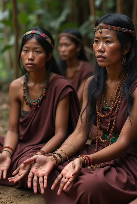 Dani tribe women sitting and showing that their fingers got amputated 