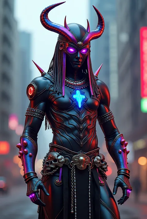 Create images of Wearing multi-colored neon chrome armor mummy Egyptian stylewarriors, sci-fi fantasy, with horns, spikes, fantasy, chains, skulls, fashion ornaments, standing on tall buildings.Wear fashion accessories, punk hairstyles, and fashion glasses...