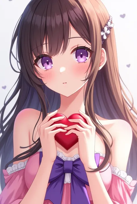 Anime Beautiful woman stroking white skin, purple eyes, brown hair, pink dress, handmade heart, purple bow