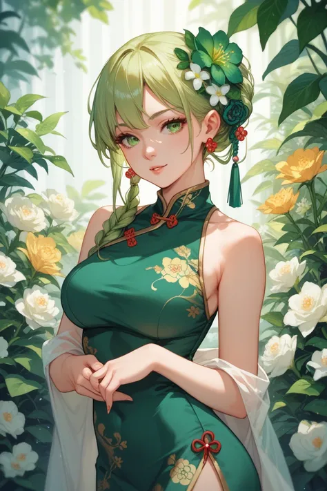 long blond hair green eye girl in green Cheongsam with flower-hair-pins anime style