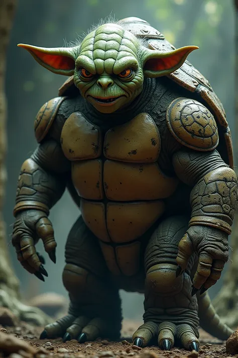 "Design an image of a hybrid creature that combines the features of [Yoda] and a [turtle] into one monstrous being. The creature should have Yoda’s pointed ears, wise yet menacing eyes, and sharp features fused with the rugged, armored body of a turtle, it...