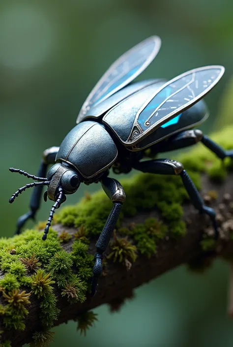 A mechanical hybrid of a drone and a beetle. The beetle’s carapace is made of shiny metallic plates with glowing blue accents, and the wings are robotic with jet-like propellers underneath. The hybrid is crawling on a mossy branch embedded with microchips ...