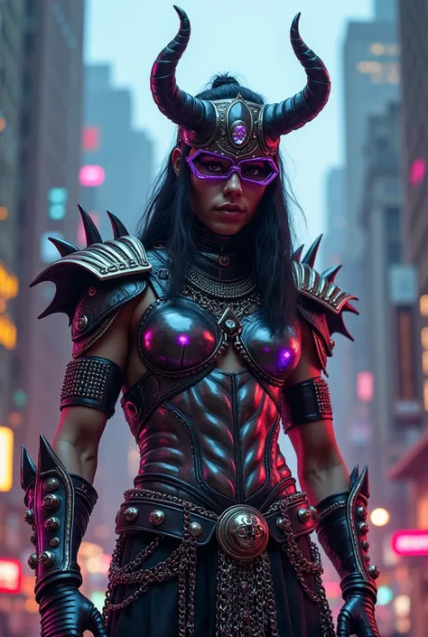 Create images of Wearing multi-colored neon chrome armor mummy Egyptian stylewarriors, sci-fi fantasy, with horns, spikes, fantasy, chains, skulls, fashion ornaments, standing on tall buildings.Wear fashion accessories, punk hairstyles, and fashion glasses...