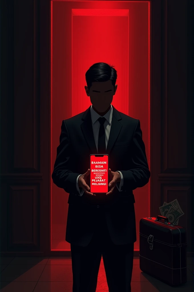 An artistic digital illustration with dark, mysterious room with a silhouette of a government official wearing a suit. The official stands ominously behind a glowing smartphone screen displaying a slot machine interface from an online gambling site. The sc...