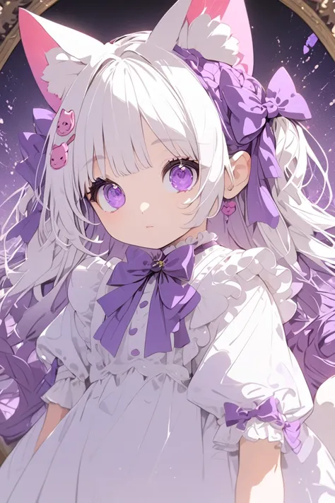 Anime Style, Beautifully detailed、High resolution portrait masterpiece of a girl with long hair,Loli, long straight white hair, cat ears and a cat tail, cat legs with a purple bow,Cute face, frame boy, purple and white dress, wearing black long socks, blue...