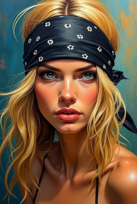 Expressionist style painting of a blonde woman wearing a black bandana.