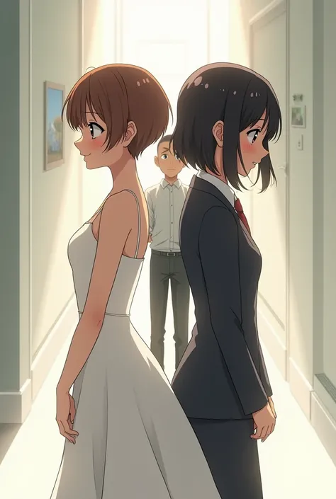 Two anime girls standing back to back.
One is wearing wedding dress, brown cropped shot hair pixie, happy, a little taller.

Another one is with curly bob wave black hair, sad, head down, formal dress.

A boy is confusing behind them. His hair style is buz...