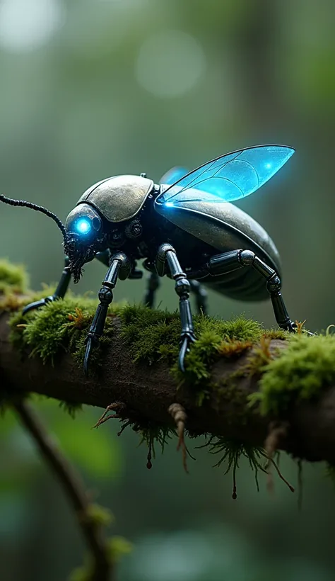 A mechanical  of a drone and a beetle. The beetle’s carapace is made of shiny metallic plates with glowing blue accents, and the wings are robotic with jet-like propellers underneath. The hybrid is crawling on a mossy branch embedded with microchips and ho...