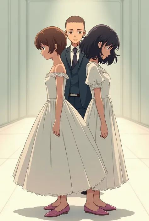 Two anime girls standing back to back.
One is wearing wedding dress, brown cropped shot hair pixie, happy, a little taller.

Another one is with curly bob wave black hair, sad, head down, formal dress.

A boy is confusing behind them. His hair style is buz...