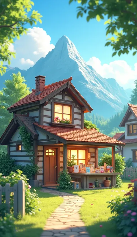  A modest house on the outskirts of the village.  The sun shines brightly , visible mountains in the distance . IN the house, there is a table full of Anime books and stationery, Cartoon, Light effect, lighting is smooth , in 3D animation) 