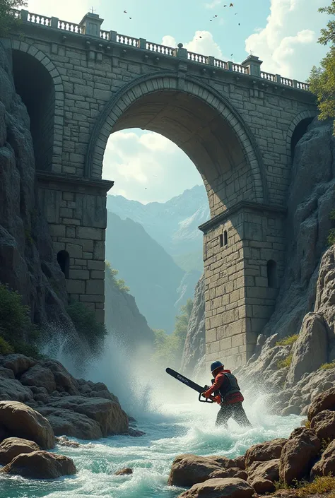 A chainsaw that cuts a model of a stone arch bridge in half , Realistic Style 