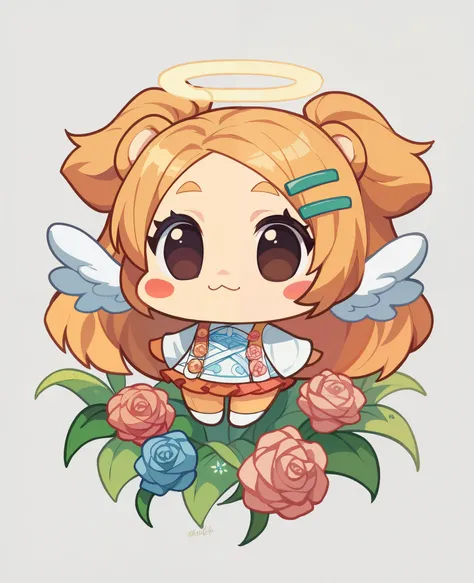 (( white background )), ((Clip Art )), (( stickers)), (((Lion&#39;s Ears)),  watercolor painting beautiful wild rose fantasy art, Beautiful face and perfect eyes with flowers ,  Angel Wings , chibi cute animation style,  bright vibrant colors ,  intricate ...