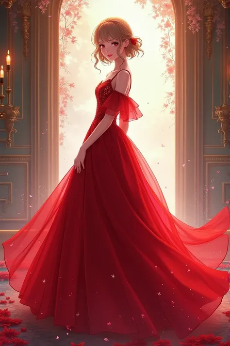 An anime in haf sleeve red ball gown