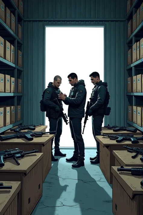  A warehouse full of open boxes ,  revealing an arsenal of meticulously organized firearms . in the center,  a tactical agent inspects a piece ,  while in the background two armed agents guard the open door ,  that lets in an intense white glow .  The meta...