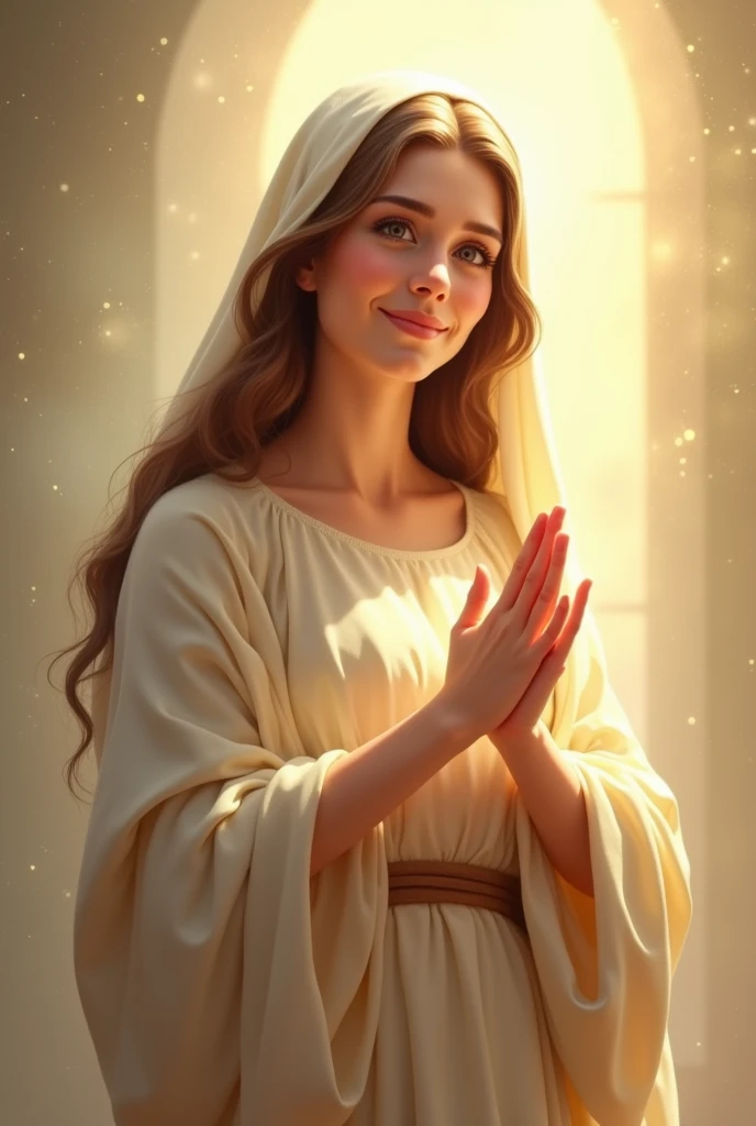 Mary from bible standing with smiling.,More smiling Hands wavesv