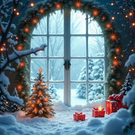  A Snowy Landscape That Paints Everything With Christmas Patterns ,  on Glass A Picture of Frost and Frost is displayed ,  beautiful flower from Patterns , , the entire window is decorated with garlands and bright Christmas decorations, Beautiful colors , ...