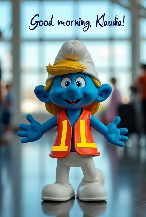  Good morning card , smurf blonde wearing reflective vest at airport,  inscription good morning Klaudia 