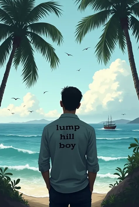  Draw a man standing pensively facing the vast sea, on the back of the shirt there is an inscription  "Lump hill boy",there is a fishing boat , the birds in the clouds , of coconut trees on the shore 