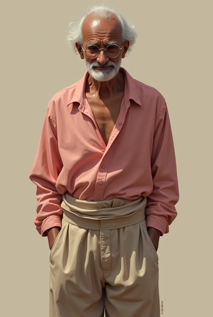 Gandhi in baggy pant curly hair rose color shirt 