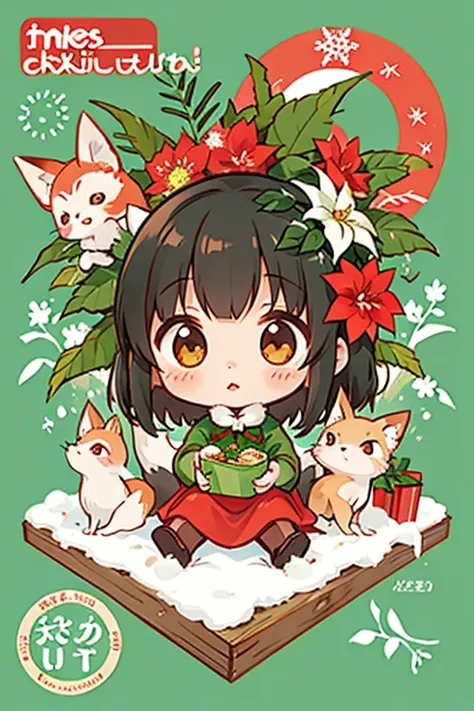   Sato Nakako style,    Cute Designs  ,  The most beautiful girl ever 、Chibi, (((Little foxes  )))、  christmas illustration，Christmas food ，  poinsettia  、