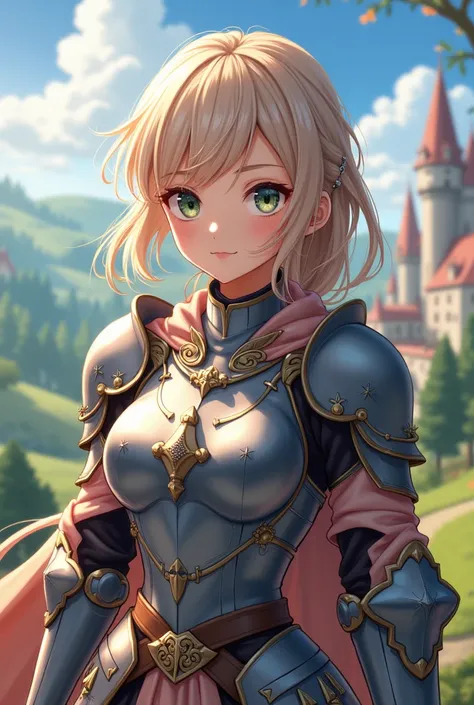 Cute anime girl dressed in medieval armor but with a big bust 