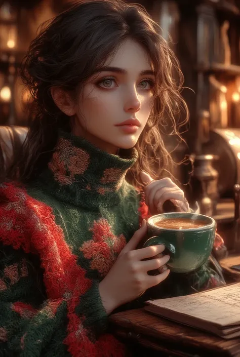 A beautiful woman with beautiful eyes:1.2, detailed eyes, beautiful full lips, highly detailed eyes and faces, long eyelashes, cute expression, smile, sitting:1.4, holding a cup of hot latte, homely background, Christmas sweater, fireplace, warm light, det...