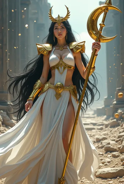 Realistic full body photo of a beautiful woman, the guardian goddess of the Zodiac from the anime character Saint Seiya, namely the goddess Athena, long black hair flowing softly with a unique crown, wearing a beautiful and elegant white dress with a compl...