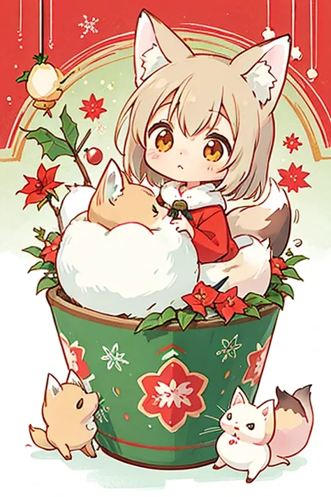   Sato Nakako style,    Cute Designs  ,  The most beautiful girl ever 、Chibi, (((Little foxes  )))、  christmas illustration， Christmas Winter Scenery ，Christmas food ，  poinsettia  、