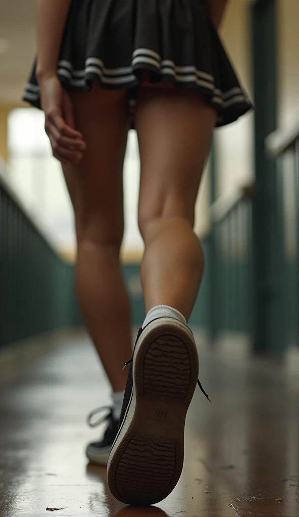 Shot from the bottom of her foot ， Imagine her lifting her foot and stepping on the center of the picture，The sole of the shoe is the focus of the picture ，Pull out of the dress ，Leaking thighs，，Woman in black cheerleader uniform 的16岁的高中生， blonde hair，Woma...