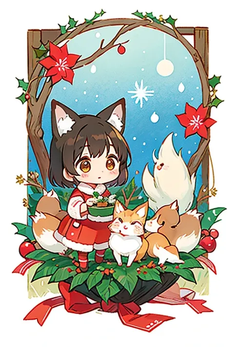   Sato Nakako style,    Cute Designs  ,  The most beautiful girl ever 、Chibi, (((Little foxes  )))、  christmas illustration， Christmas Winter Scenery ，Christmas food ，  poinsettia  、