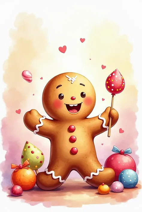 watercolor 2D gingerbread man with many candies saying hi