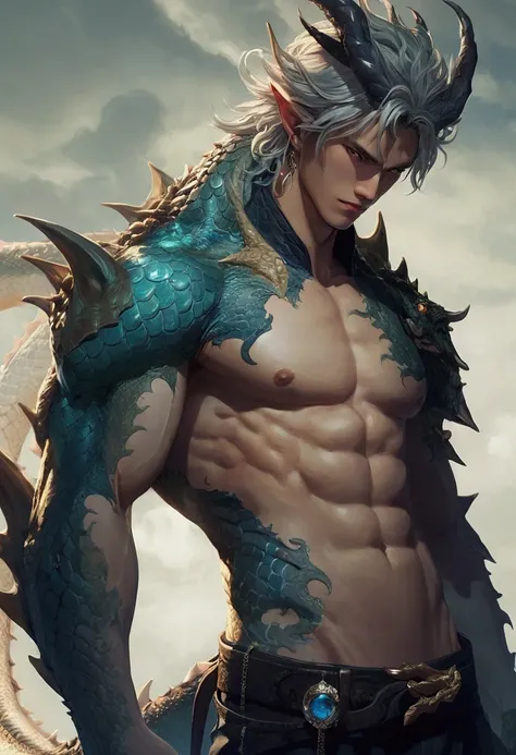 a close up of a man with a dragon like body and a shirt, by Yang J, by Zhou Chen, human and dragon fusion, by Yang Jin, handsome guy in demon slayer art, by Zhou Fang, by Shen Zhou, detailed digital anime art, human male demon, complex fantasy character, h...