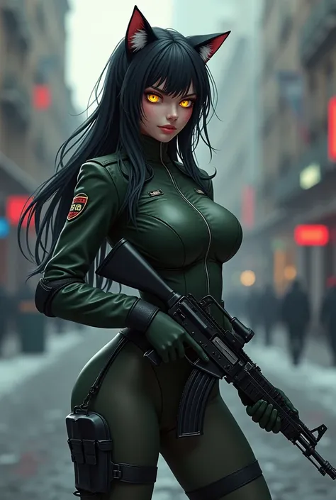 Russia OMOM ,  Russia OMON  ,  style The girl with cat ears ,  cute  ,  beautiful  , AK-47 ,  thick shoulders , Russia OMON ,  has one green eye and one orange eye ,  sexy  ,  big breasts , OMON uniform , OMON , anime , Russia OMON ,  big ass , Genshin Imp...